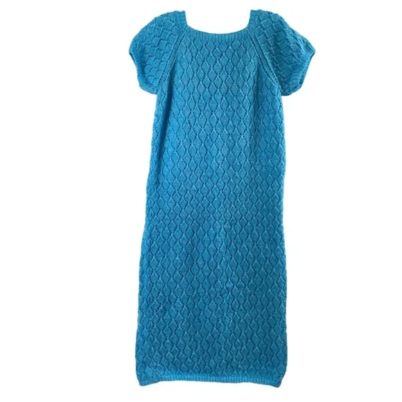 Vintage 70's‎ Handmade Knitted Dress Womens Medium Turquoise Blue Midi - Picture 2 of 8